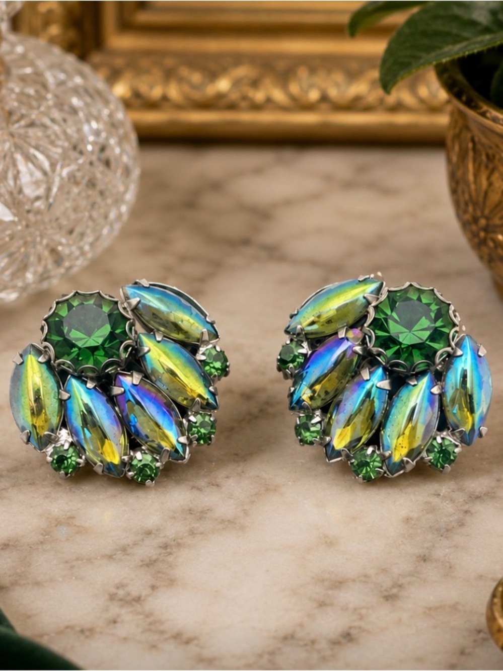 VINTAGE Green Marquis Carnival Glass Clip-On Earrings